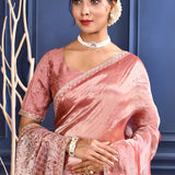 Soft Pink Foil Printed Tissue Saree