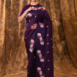 Dark Purple Floral Silk Saree