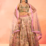 Multicolour Printed Organza Crop Top Set