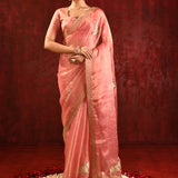 Peach Pink Floral Tissue Embroidered Saree