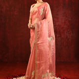 Peach Pink Floral Tissue Embroidered Saree