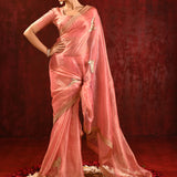 Peach Pink Floral Tissue Embroidered Saree