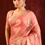 Peach Pink Floral Tissue Embroidered Saree