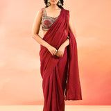 Maroon Shimmer Saree With Embellished Contrast Blouse