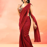 Red Linen Embroidered Drape Saree