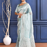 Jewel Blue Printed Foil Tissue Saree