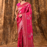 Hot Pink Floral Banarasi Silk Saree