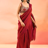 Maroon Shimmer Saree With Embellished Contrast Blouse