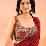 Maroon Shimmer Saree With Embellished Contrast Blouse