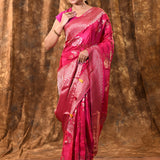 Hot Pink Floral Banarasi Silk Saree
