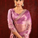 Shiny Lavender Embroidered Tissue Gomatha Saree