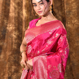 Hot Pink Floral Banarasi Silk Saree