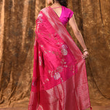 Hot Pink Floral Banarasi Silk Saree