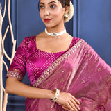 Rich Pink Foil Printed Tissue Saree