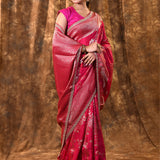 Bright Pink Floral Banarasi Silk Saree