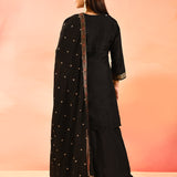Midnight Black Geometric Animal And Floral Motif Silk Blend Straight Cut Set