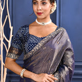 Dark Purple Foil Printed Tissue Saree