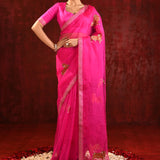 Bright Pink Embroidered Gomatha Organza Saree