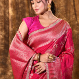 Bright Pink Floral Banarasi Silk Saree