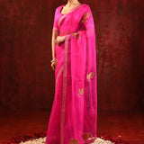 Bright Pink Embroidered Gomatha Organza Saree
