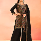 Midnight Black Geometric Animal And Floral Motif Silk Blend Straight Cut Set