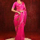 Bright Pink Embroidered Gomatha Organza Saree