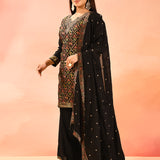 Midnight Black Geometric Animal And Floral Motif Silk Blend Straight Cut Set