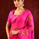Bright Pink Embroidered Gomatha Organza Saree