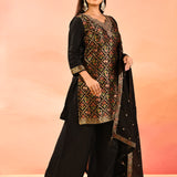 Midnight Black Geometric Animal And Floral Motif Silk Blend Straight Cut Set