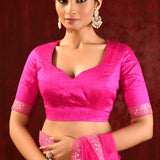 Bright Pink Embroidered Gomatha Organza Saree