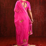 Bright Pink Embroidered Gomatha Organza Saree