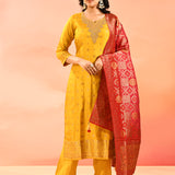 Yellow Butti Silk Blend Staright Cut Set
