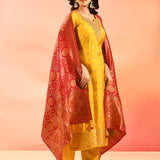 Yellow Butti Silk Blend Staright Cut Set
