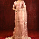 Pastel Pink Embroidered Tissue Gomatha Saree