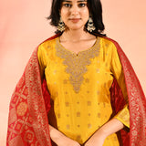Yellow Butti Silk Blend Staright Cut Set