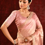 Pastel Pink Embroidered Tissue Gomatha Saree