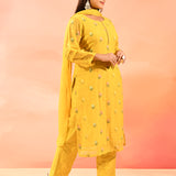Yellow With Colourful Floral Butti Staright Cut Suit