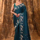 Pine Green Embroidered Tussar Silk Saree