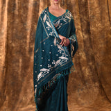 Pine Green Embroidered Tussar Silk Saree