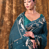 Pine Green Embroidered Tussar Silk Saree