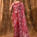 Bright Red Floral Embroidered Silk Blend Saree