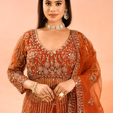 Rust Ember Embroidery Front Open Anarkali Saet