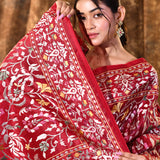 Bright Red Floral Embroidered Silk Blend Saree