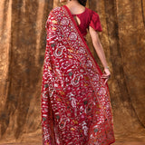 Bright Red Floral Embroidered Silk Blend Saree