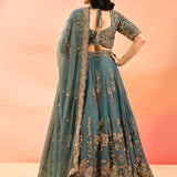 Teal Blue Animal And Floral Embroidered Tissue Lehenga