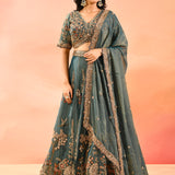 Teal Blue Animal And Floral Embroidered Tissue Lehenga