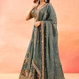 Teal Blue Animal And Floral Embroidered Tissue Lehenga