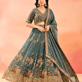 Teal Blue Animal And Floral Embroidered Tissue Lehenga