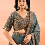 Teal Blue Animal And Floral Embroidered Tissue Lehenga
