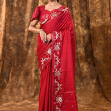 Bright Red Tussar Embroidered Saree